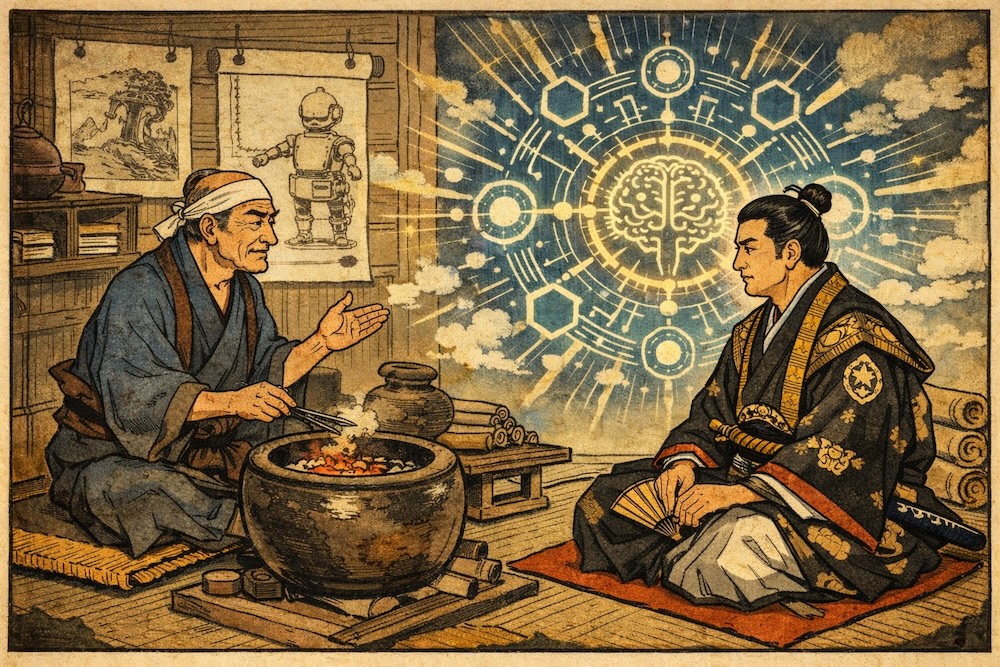 火鉢を前に経営者向けAi研修をしている画像